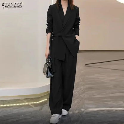 ZANZEA Spring Fashion 2 Piece Sets 2026 Women Office Outfits Long Sleeve Blazer Tops Pant Sets Solid OL Tracksuit Matching Sets