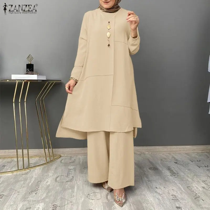 2026 ZANZEA Women Muslim Matching Sets Stylish Long Tops Pant Sets Dubai Hijab Tracksuit Abaya Kaftan Ramadan Outfits IsIamic