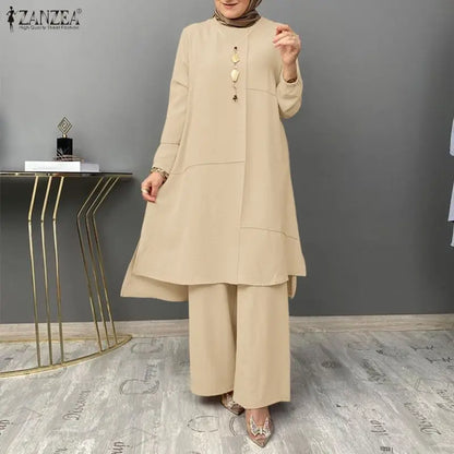 2026 ZANZEA Women Muslim Matching Sets Stylish Long Tops Pant Sets Dubai Hijab Tracksuit Abaya Kaftan Ramadan Outfits IsIamic