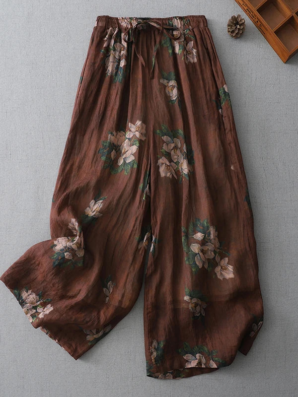 High Waist Large Size Casual Pants Floral Print Linen Wide Leg Pants Artistic Versatile National Style Casual Comfortable Summer