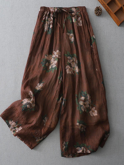 High Waist Large Size Casual Pants Floral Print Linen Wide Leg Pants Artistic Versatile National Style Casual Comfortable Summer