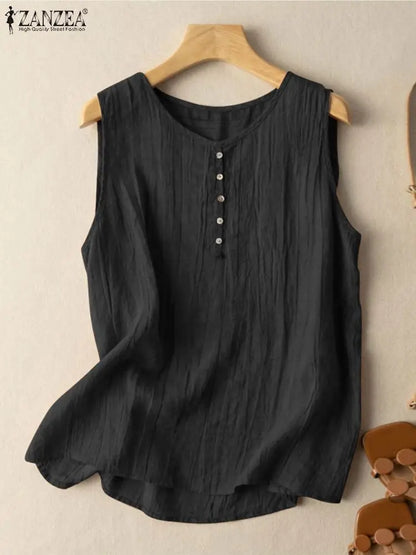 ZANZEA Summer Tank Tops Woman Fashion Sleeveless Blouse O-Neck Solid Color Button Shirt Female Casual Holiday Blusas Mujer 2023