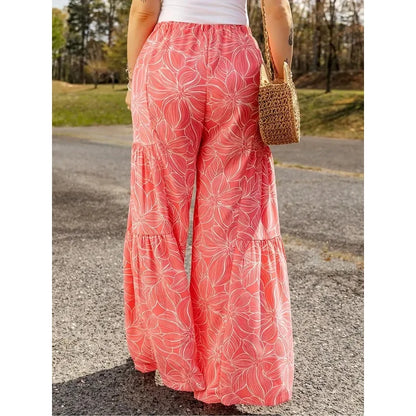 Summer Casual plus Size Wide Leg Long Pants Elegant Loose Comfortable Printed Elastic Waistband Tied Rope Fashionable