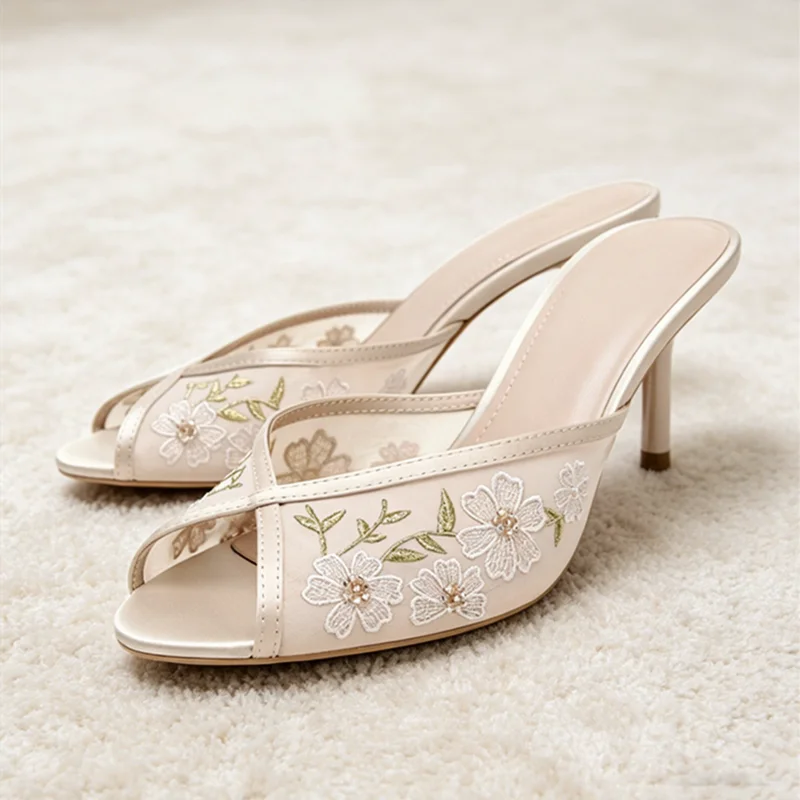 Hand Embroidered Floral Detail Mesh Women's Slippers Sexy Peep-toe Heeled Sandals for Ladies Summer Street Style Designer Heels