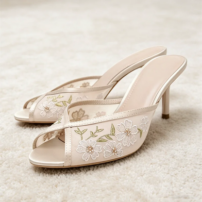 Hand Embroidered Floral Detail Mesh Women's Slippers Sexy Peep-toe Heeled Sandals for Ladies Summer Street Style Designer Heels