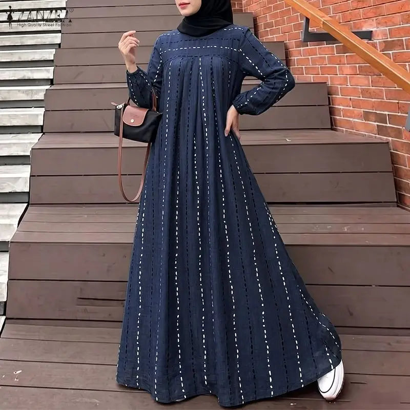 ZANZEA Fashion Muslim Abaya Robe Women Maxi Long Dress Dubai Hijab Sundress Casual O Neck Long Sleeve Loose Ramadan Dress Kaftan