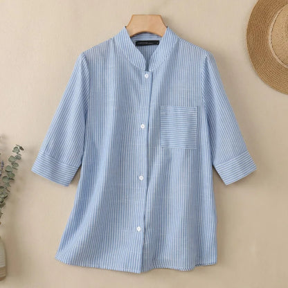 ZANZEA Woman Striped Shirts Stand Collar Half Sleeve Button Up Patch Pocket Tops Spring Summer Daily Casual Chemises Femme