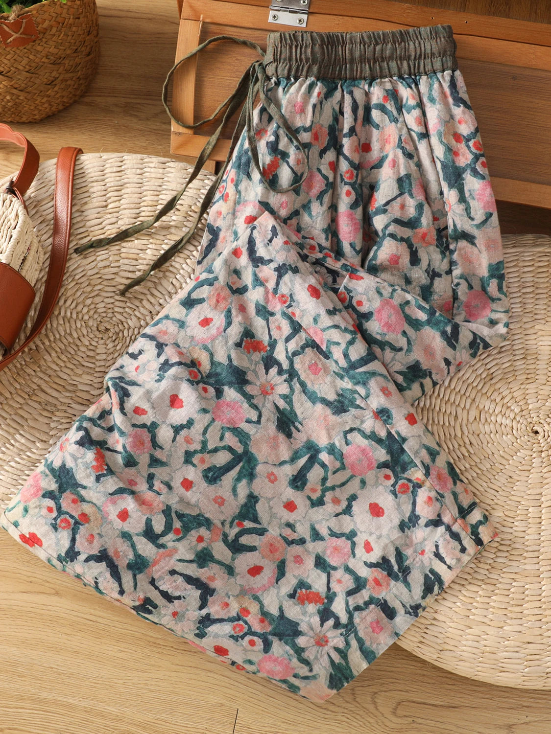 Retro Print Linen Harlan Pants Women Summer Thin Loose Color Block Drawstring High Waist Slimming Casual Cotton Linen Carrot ...