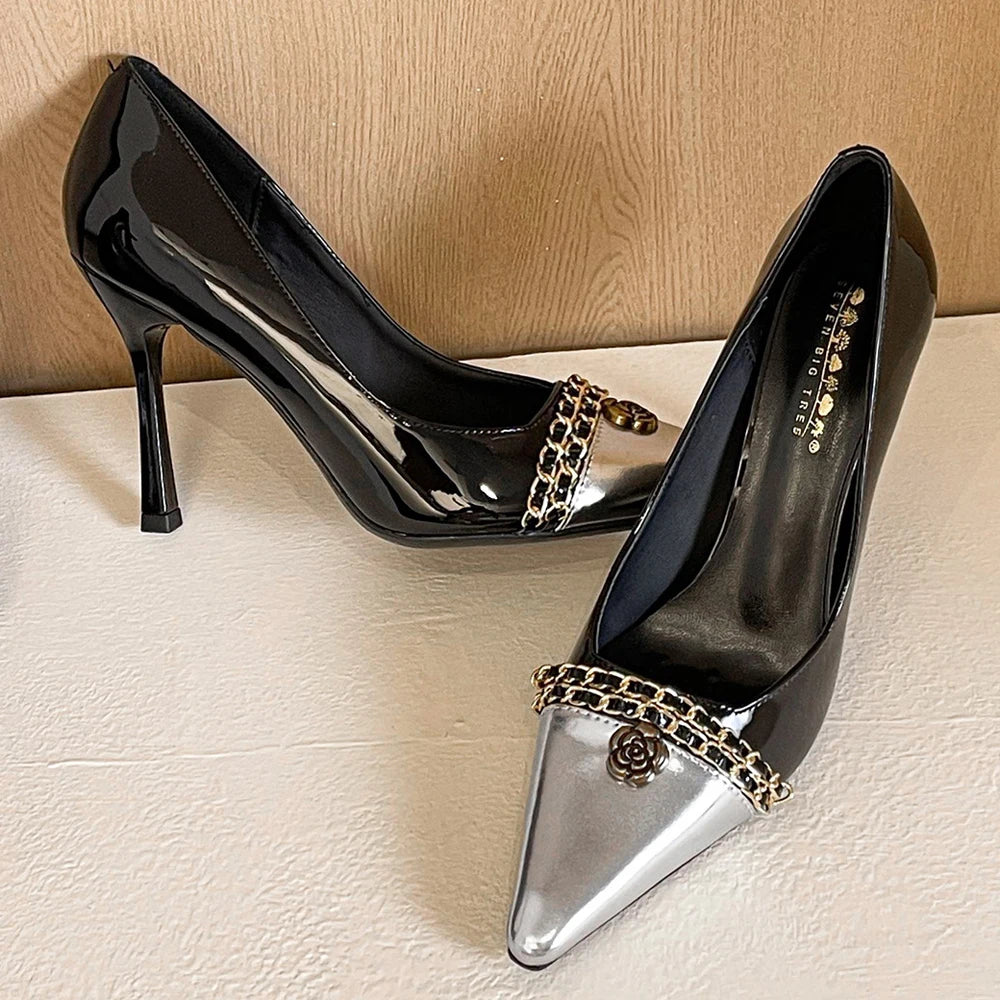 BIGTREE Shoes Women Pumps Metal Chain Design High Heels Color Blocking Ladies Shoes Luxury Banquet Shoes Stiletto Heels 10 CM
