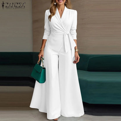 ZANZEA Women's Minimalist 2-Piece Pant Sets Elegant Long Sleeve Belted Blouse & Wide Leg Pant 2pcs Suits Office Work Co-ords