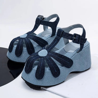 High Quality Denim Platform Sandals Women Fashion T Strap Buckle Flower Decoration Designer Shoe Summer Sexy Open Toe Beach Shoe