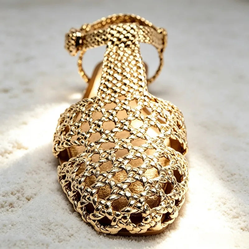 High-quality Hollow Woven Flat Sandals for Women Fashion T-tied Ankle Strap Buckle Gladiator Sandals Summer Holiday Beach Sandal