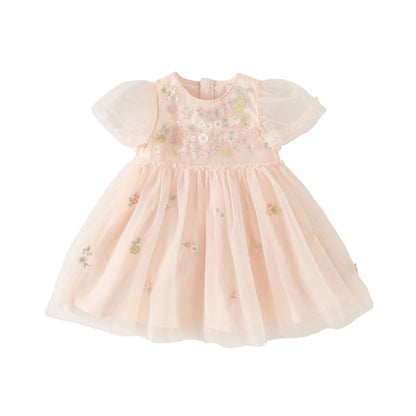 Dave Bella Children's Princess Dress for Girls 2025 New Summer Floral Puff Sleeves Mesh Charm Noble Cute Sweet Party DB2240549