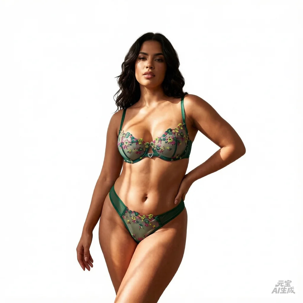 Green Floral Embroidery Lingerie Set 2PCS Sheer Mesh Bra & Panty Women Sexy Underwear Gift ZA824026
