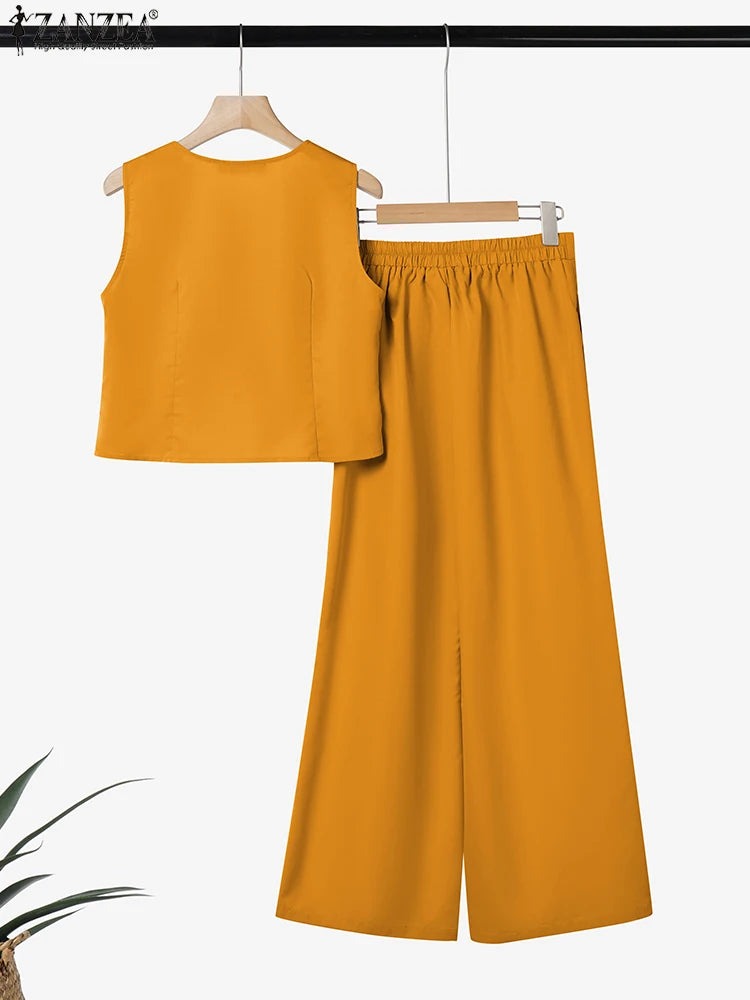 ZANZEA Street Fashion Women 2 Pieces Sets Elegant Vest Tops Wide Leg Pants 2pcs Suits Outfit Office Lady Solid Color Pant Sets
