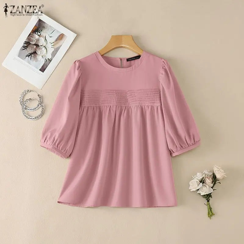 ZANZEA 2026 Summer Casual Pintuck Blouses Woman Round Neck Half Puff Sleeve Solid Color Tops Everyday Wear Comfort Blusas Mujer