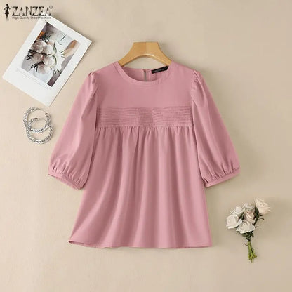 ZANZEA 2026 Summer Casual Pintuck Blouses Woman Round Neck Half Puff Sleeve Solid Color Tops Everyday Wear Comfort Blusas Mujer
