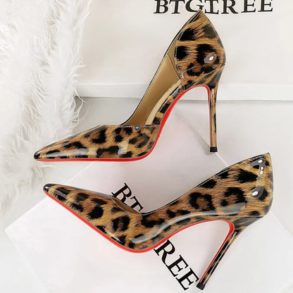BIGTREE Shoes Leopard Women Pumps Stiletto 7.5 Cm 10 Cm Patent Leather High Heels Sexy Party Shoes Pointed Tip Ladies Shoes New
