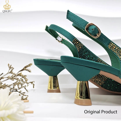 2026 Nigerian Women Heel Ladies Italian Luxury Design Green Shoes And Bag Set Decorated with Rhinestone Handbag Wedding Party