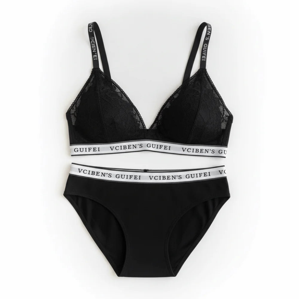 Bra Suit Letter Design Lingerie Set Deep V Wireless Women Underwear Suit Lace Color Blocking Bra Panties Set Gift
