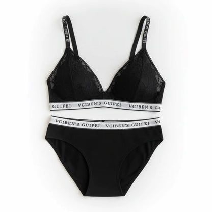 Bra Suit Letter Design Lingerie Set Deep V Wireless Women Underwear Suit Lace Color Blocking Bra Panties Set Gift