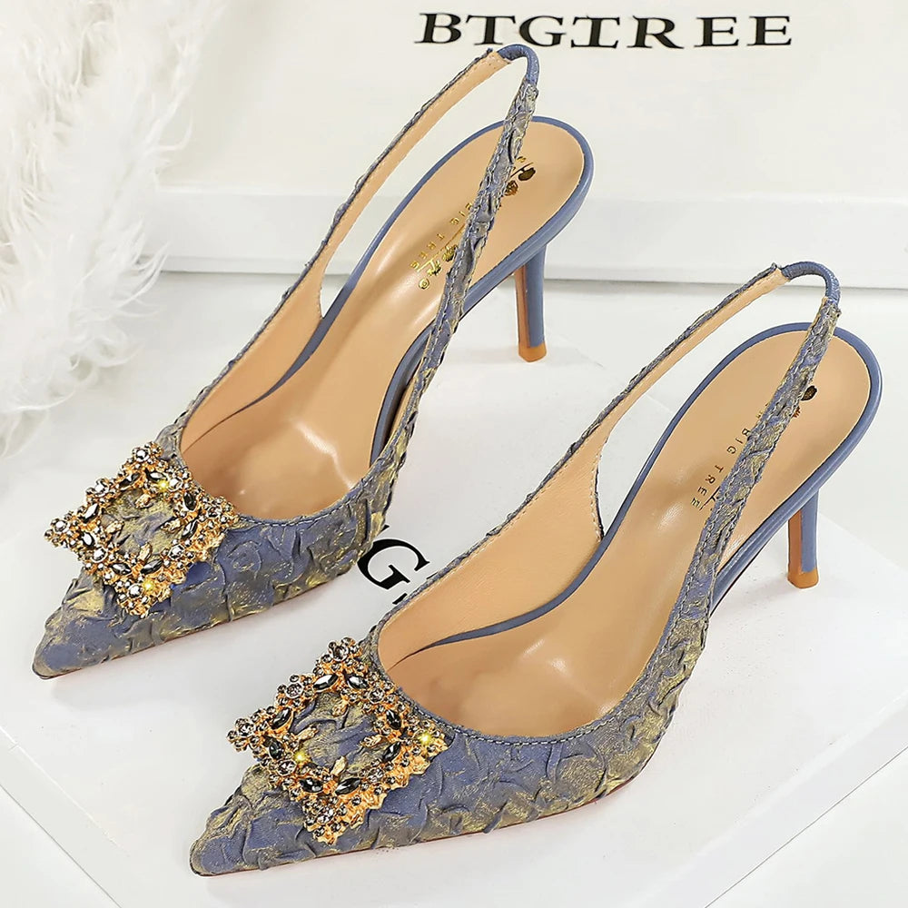 Luxury High Heels Women Shoes Summer Sandals Metal Rhinestone Square Buckle Women Pumps Stiletto Pleated Silk Women Sandals