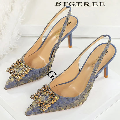 Luxury High Heels Women Shoes Summer Sandals Metal Rhinestone Square Buckle Women Pumps Stiletto Pleated Silk Women Sandals