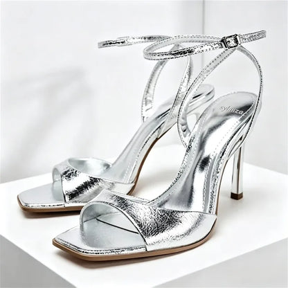 Luxury Designer Silver Heeled Sandals Women Sexy Peep Toe Patent Leather High Heels for Ladies Elegant Ankle Strap Party Shoes