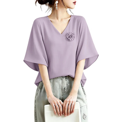 ZANZEA Elegant Fabric Flower Blouses Women V-Neck Half Bell Sleeves Solid Color Loose Tops Summer Daily Casual Blusas de Mujer