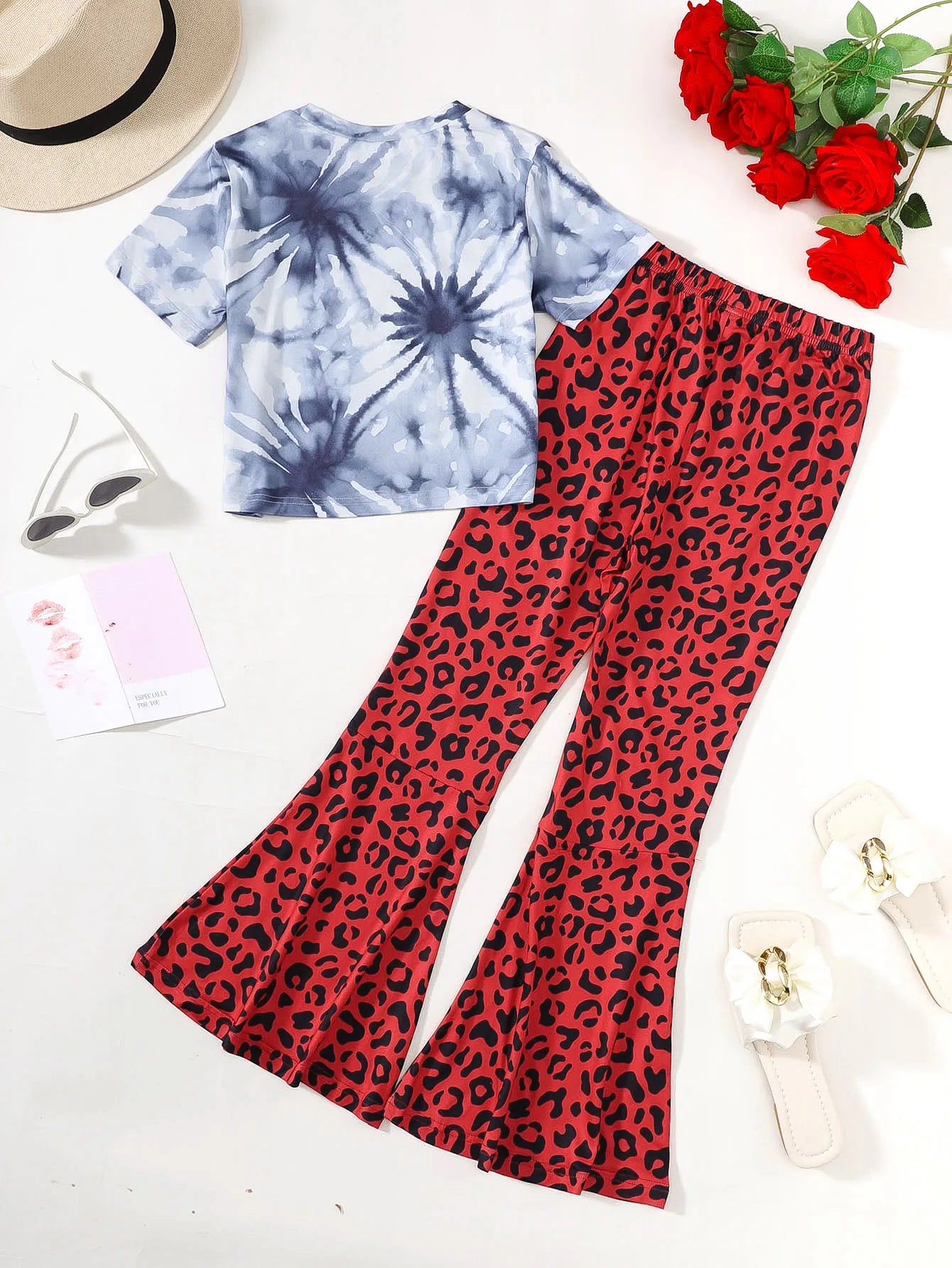 Girls Casual Leopard Print Short Sleeve Top And Flared Pants Long Pants Set for Outdoor Scenarios Spring/Summer Season