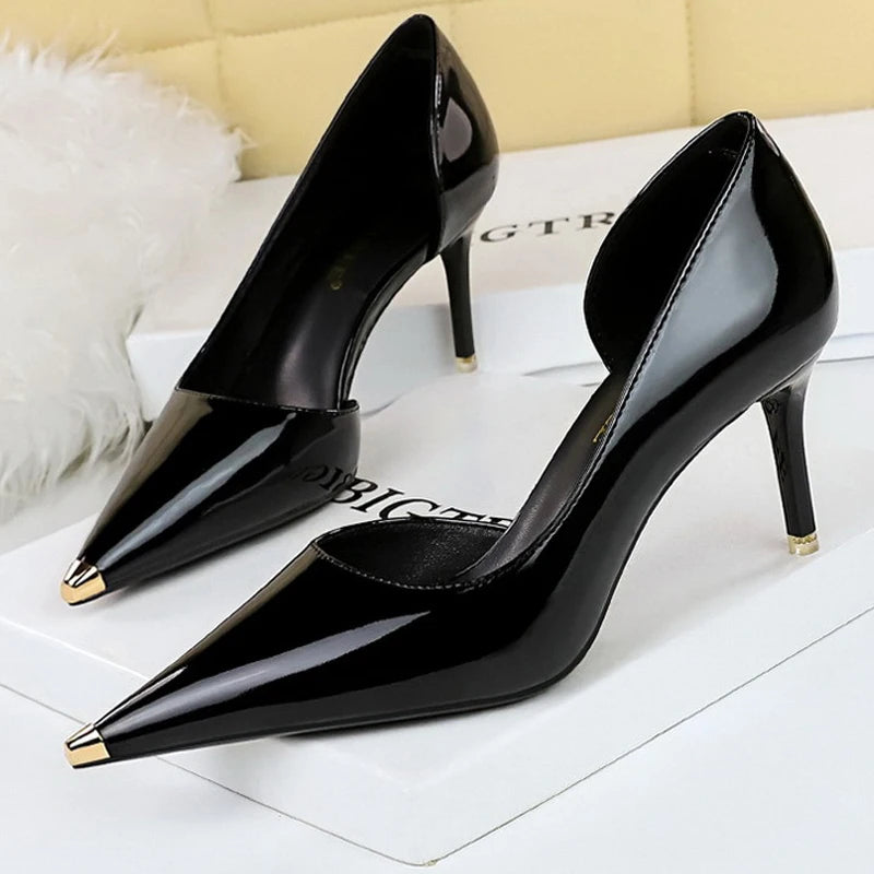 Patent Leather Shoes Women Pumps Metal Tip High Heels 7 Cm And 10.5 Cm Stilettos Sexy Party Shoes Kitten Heels Lady Office Shoes