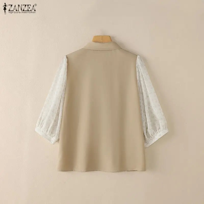 ZANZEA Elegant Women's Contrast-Color Shirts Floral Printed Puff Sleeve Bowtie Collared Casual Tops Summer Woman Clothes S-3XL