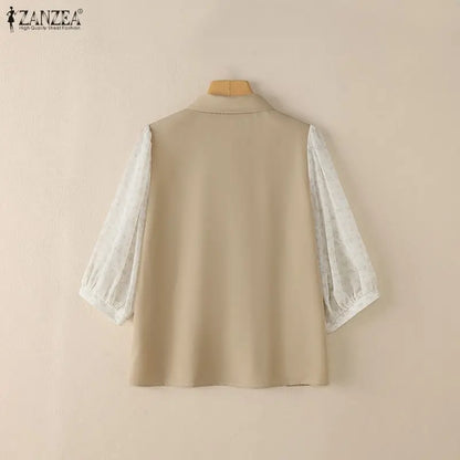 ZANZEA Elegant Women's Contrast-Color Shirts Floral Printed Puff Sleeve Bowtie Collared Casual Tops Summer Woman Clothes S-3XL