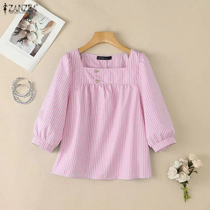 ZANZEA Women Striped Blouse Square Neck 3/4 Puff Sleeve Button Casual OL Work Party Tops Summer Autumn Blusas Oversize Tunic