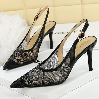Sexy High Heels Women Shoes Hollow Lace Mesh High-Heeled Sandals Women Pumps Buckle Pointed Female Heels Summer Stiletto 8 cm