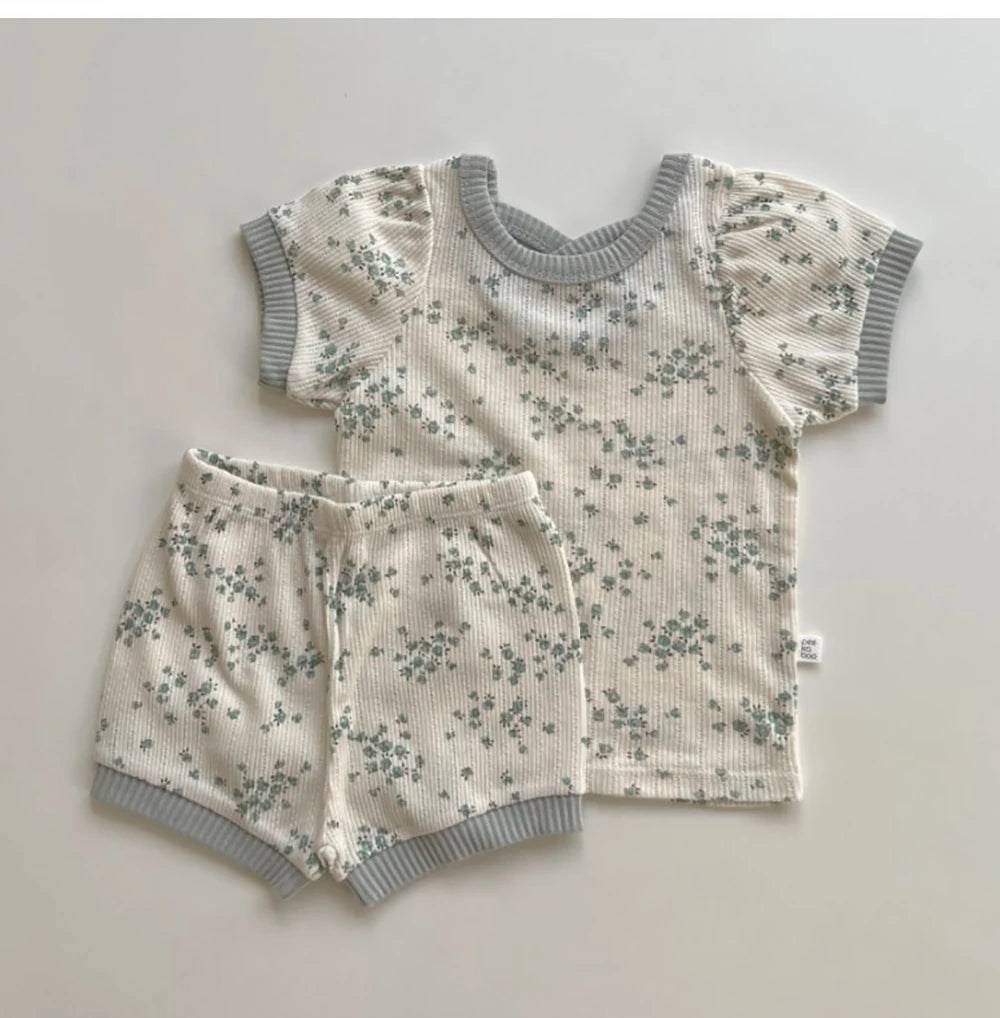 TZ2432 New Korean Baby Flower Short Sleeved Set for Women's Baby Thin Cotton Soft Home Short Sleeved Shorts Two Piece Set