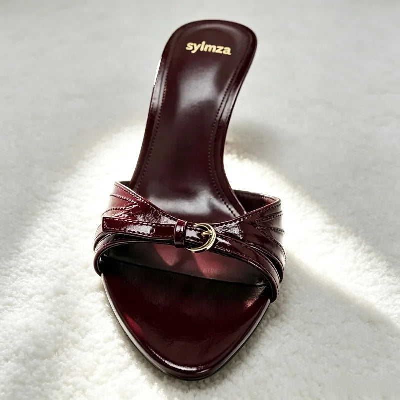 Fashion Metal Buckle Detail Mule Sandals Women Burgundy Patent Leather Stiletto Slide Sandals Sexy Open-toe Pointed-toe Heels