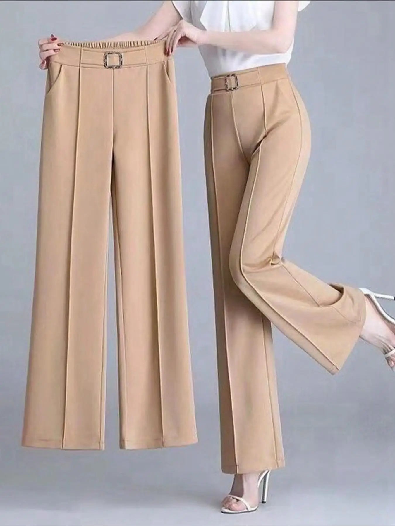 Women's Elegant Solid Color Toothpick Striped Design Straight Leg Loose Casual Commuter Pants Palazzo Trousers