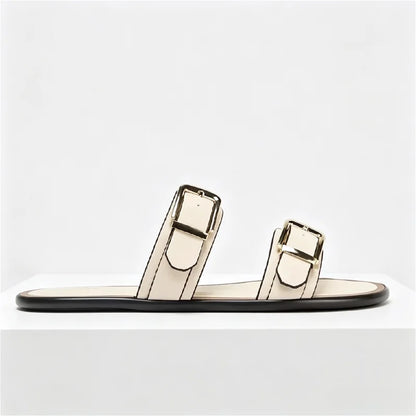 Comfortable Beige Soft Leather Flat Sandals Women Fashion Metal Buckle Designer Shoes Summer Sexy Open Toe Non Slip Beach Shoes
