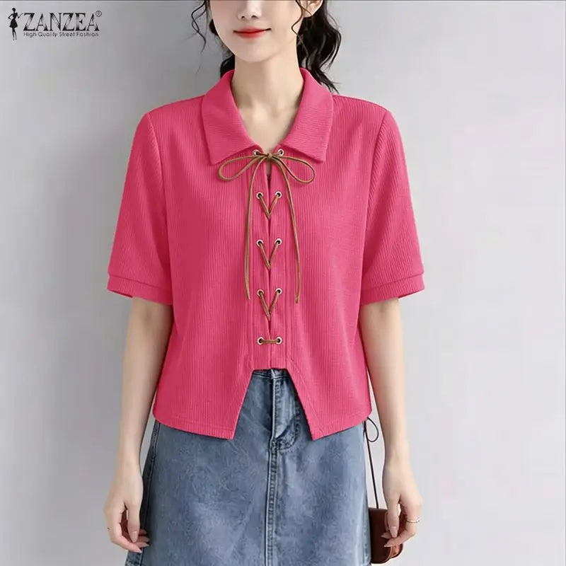 ZANZEA Women's Korean Elegant Waffle Shirt Turn-Down Collar Lace-Up Front Short Sleeve Tops Summer Casual Loose Chemises Femme