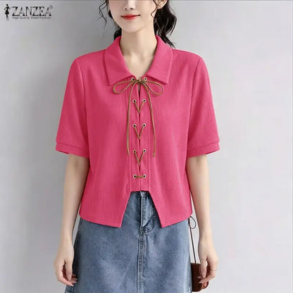 ZANZEA Women's Korean Elegant Waffle Shirt Turn-Down Collar Lace-Up Front Short Sleeve Tops Summer Casual Loose Chemises Femme