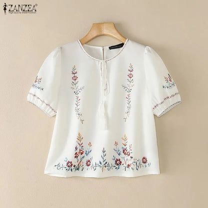 ZANZEA Fashion Summer Blouses Casual Short Sleeve Blusas Women Blouse Floral Print Tops OL Work Party Tunic Streetwear Oversize