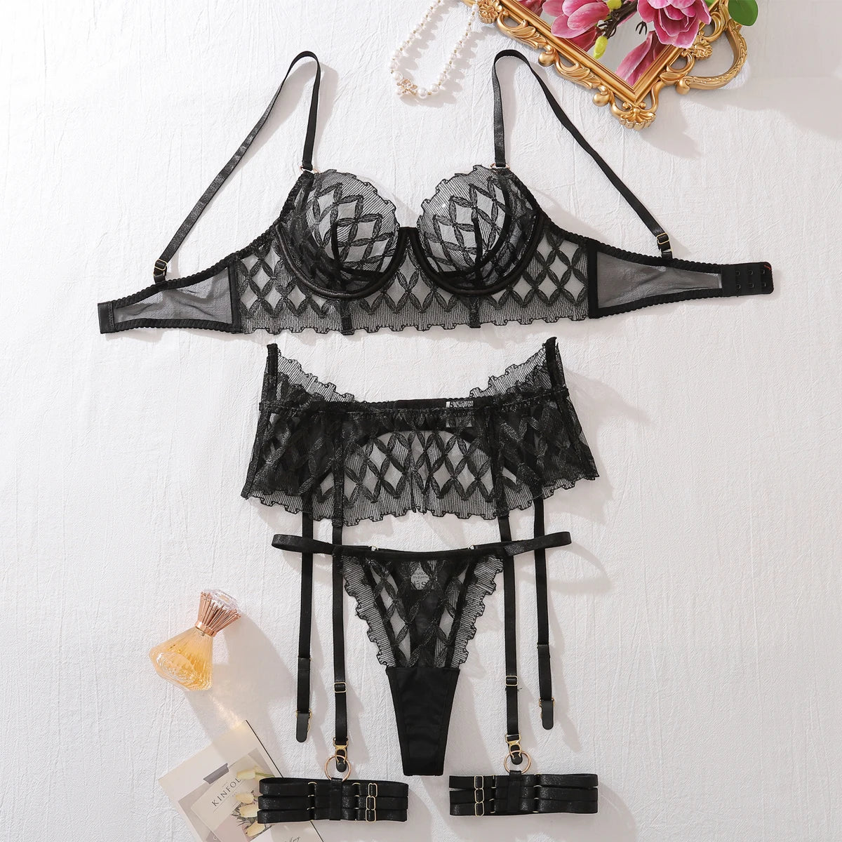Women's Luxury Sexy Fashion Lace Bra Set Geometric Style Mesh see-through Shaping Exotic Lingerie Panty four-piece Set