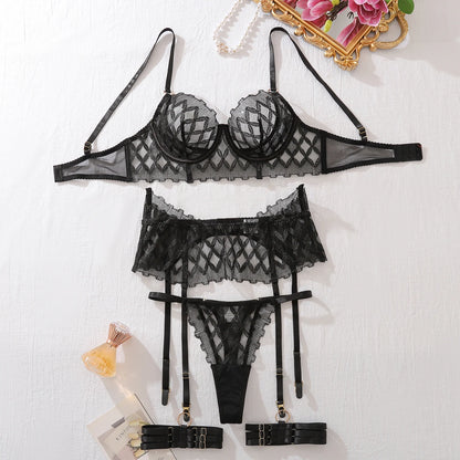 Women's Luxury Sexy Fashion Lace Bra Set Geometric Style Mesh see-through Shaping Exotic Lingerie Panty four-piece Set