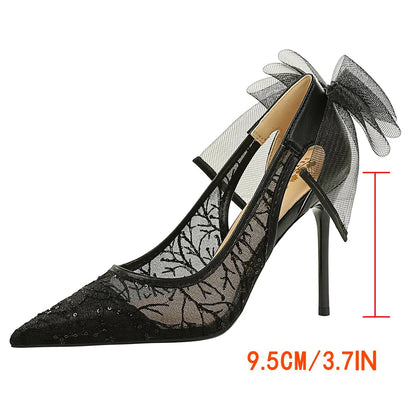 BIGTREE Shoes Sexy Hollow Lace Mesh Women Pumps Bowknot High Heels Pointed Tip Stiletto Heels 9.5 cm Sexy Party Shoes Women Pump