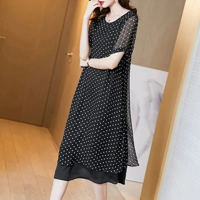 Summer Short Sleeves Covering Belly High End Chiffon Dress 2026 New Large Size Loose Dot French Style Long Dress Women Vestidos