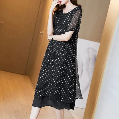 Summer Short Sleeves Covering Belly High End Chiffon Dress 2026 New Large Size Loose Dot French Style Long Dress Women Vestidos