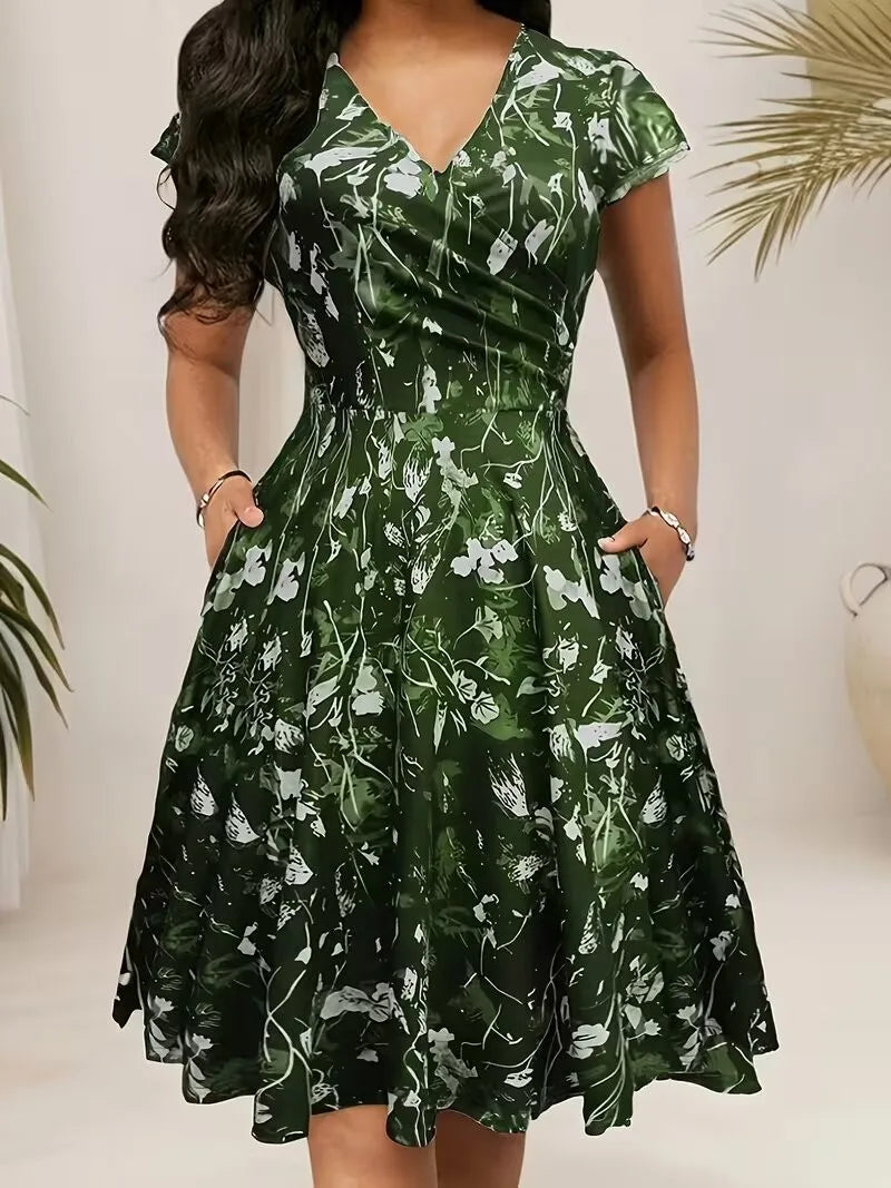 Elegant floral and printed V-neck mid-length pocket dresses for spring, summer and autumn, made of polyester blends