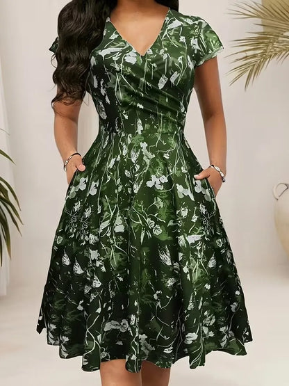 Elegant floral and printed V-neck mid-length pocket dresses for spring, summer and autumn, made of polyester blends
