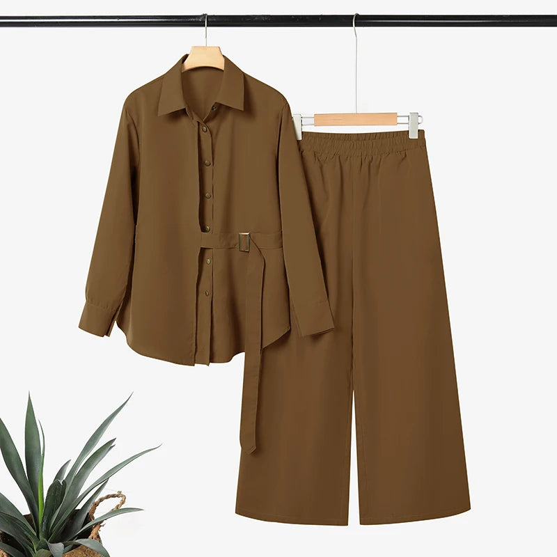 Modest Pant Suits for Hijabs Women Fashion Sashes Long Sleeve Shirts and Elastic Waist Pants 2 Piece Muslim Sets Islamic Outfits